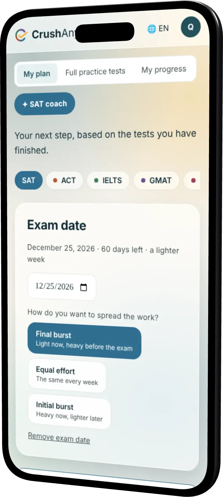 Setting an exam date and choosing how to pace the plan on an iPhone