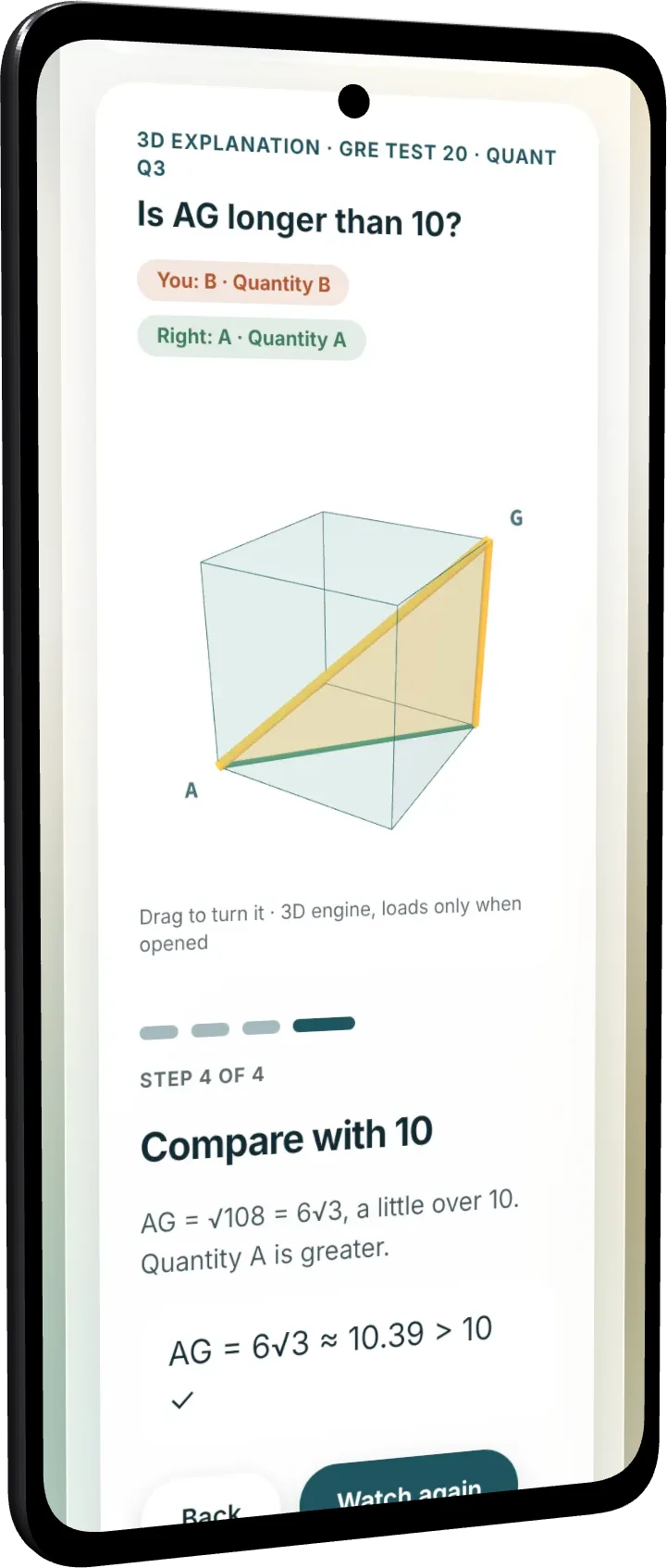 A GRE geometry question explained with a 3D cube on an Android phone